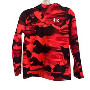 Red, orange & black camouflage hoodie with pocket in front. YMD. 100% polyester.